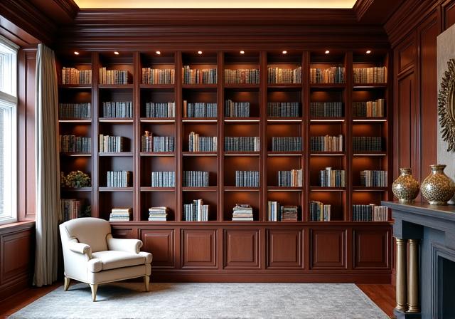 Massgefertigte, raumhohe Bücherregale in einer privaten Bibliothek.