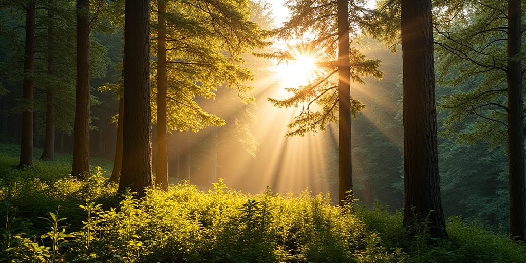 Sonnendurchfluteter Schweizer Wald, der die Quelle für das nachhaltige Holz von Möbel Glanz symbolisiert.